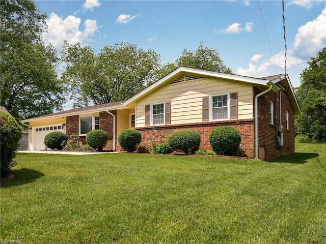 ranch-style home with a garage, brick siding, and a front yard