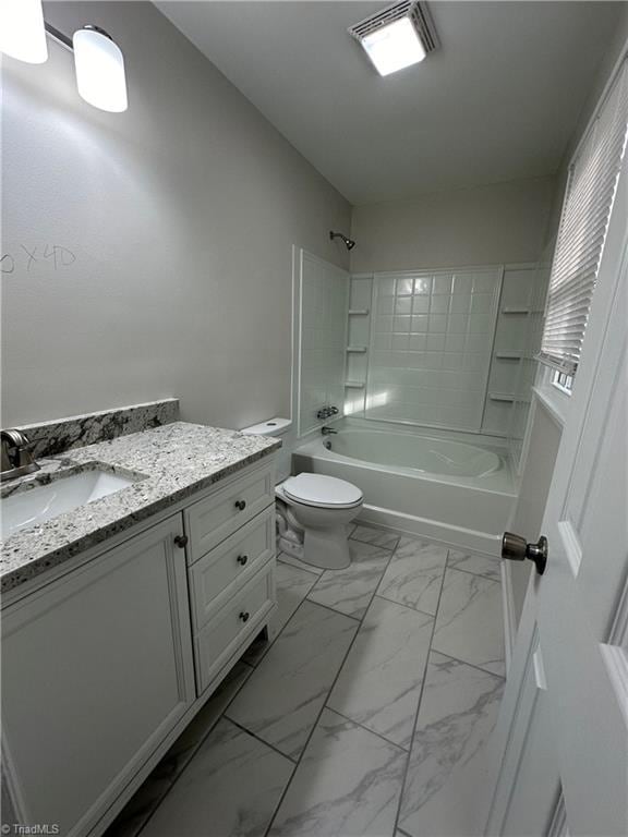 full bathroom featuring toilet,  shower combination, and vanity