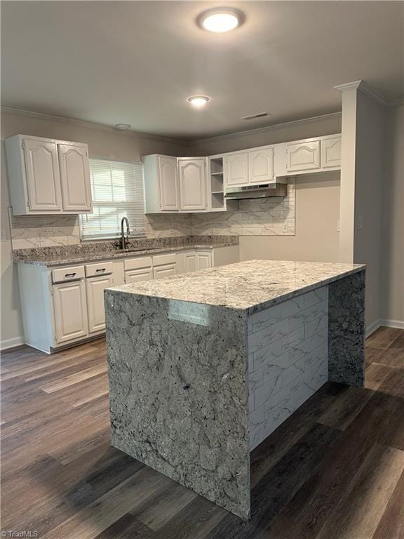 kitchen with crown molding, white cabinetry, light stone countertops, and backsplash