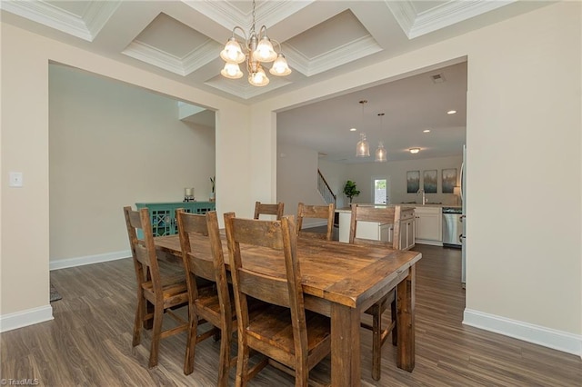 1837 Deveron Ct, Kernersville, NC 27284 - dining room with a chandelier, dark wood-style floors, crown molding, coffered ceiling, and recessed lighting