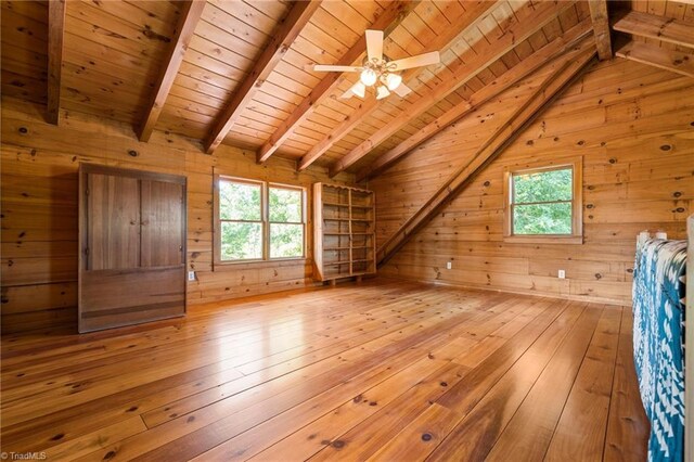 bonus room with wooden ceiling, wooden walls, plenty of natural light, wood-type flooring, and a ceiling fan