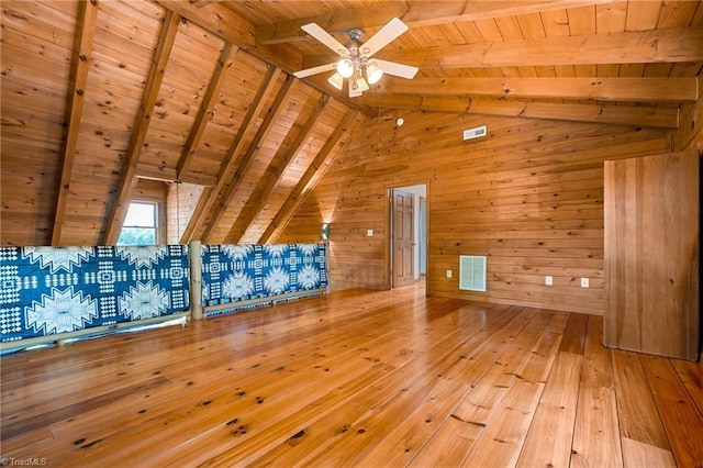 additional living space featuring wooden ceiling, wood walls, hardwood / wood-style flooring, and a ceiling fan