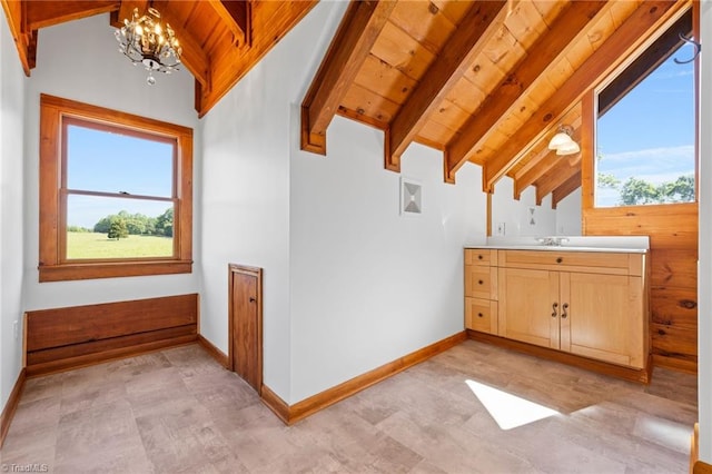 additional living space featuring wooden ceiling, a chandelier, beamed ceiling, baseboards, and a sink