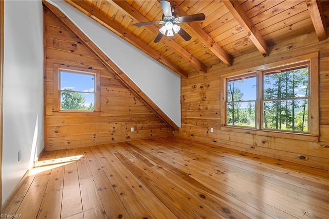 bonus room featuring hardwood / wood-style floors, wood walls, wood ceiling, and ceiling fan