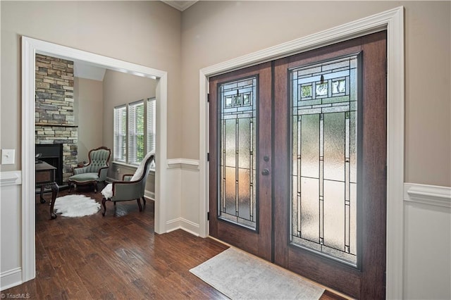 128 Provence Ct, King, NC 27021 - foyer entrance featuring french doors, dark wood-type flooring, and a fireplace