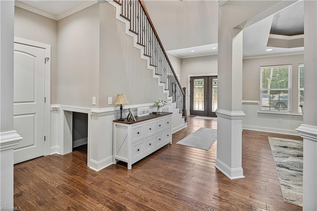 128 Provence Ct, King, NC 27021 - entryway featuring ornamental molding, stairway, ornate columns, dark wood finished floors, and recessed lighting