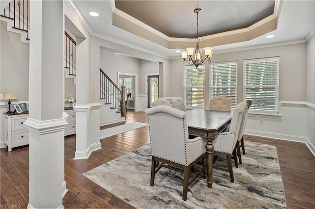 128 Provence Ct, King, NC 27021 - dining area featuring stairs, a tray ceiling, healthy amount of natural light, ornamental molding, and recessed lighting