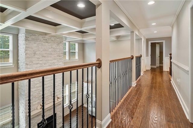 128 Provence Ct, King, NC 27021 - hall featuring healthy amount of natural light, hardwood / wood-style flooring, ornamental molding, beam ceiling, and recessed lighting