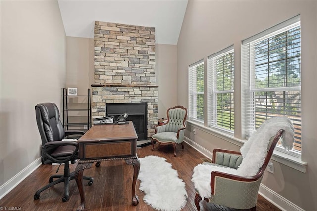 128 Provence Ct, King, NC 27021 - home office featuring a stone fireplace, vaulted ceiling, and wood finished floors