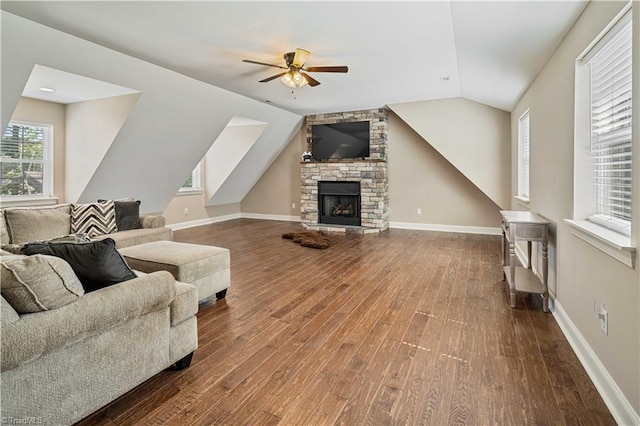 128 Provence Ct, King, NC 27021 - living area featuring ceiling fan, dark wood-type flooring, lofted ceiling, and a fireplace
