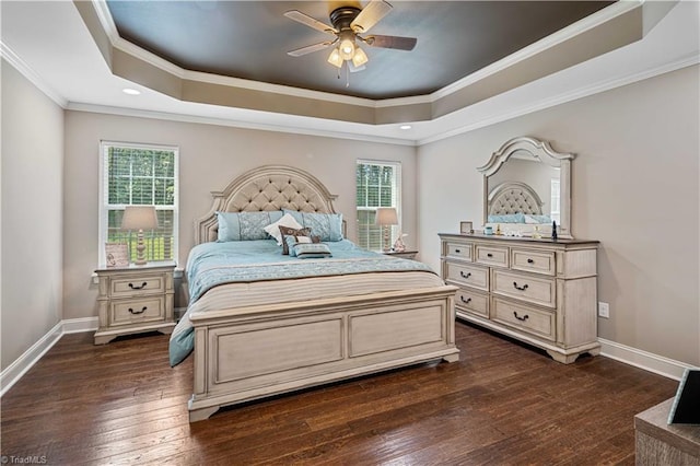 128 Provence Ct, King, NC 27021 - bedroom featuring a tray ceiling, ornamental molding, dark wood-style floors, and ceiling fan