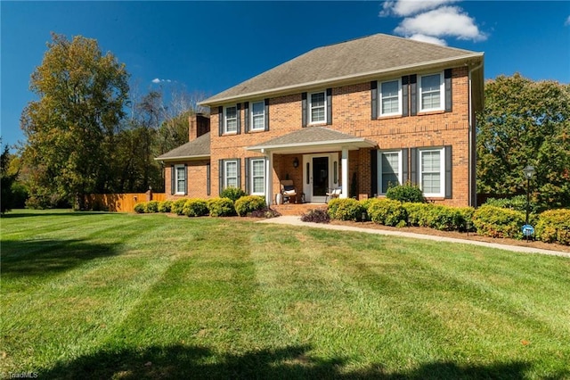 colonial house featuring brick siding, a chimney, a front lawn, and fence