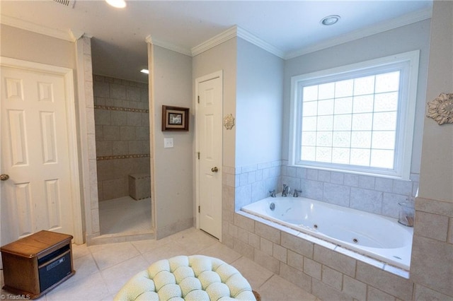 bathroom with a tile shower, a tub with jets, tile patterned flooring, and ornamental molding