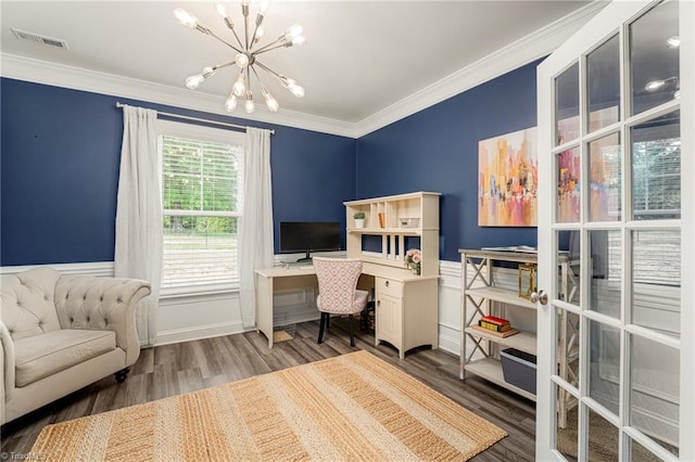 1348 Motsinger Rd, Winston-Salem, NC 27107 - office area with built in study area, a chandelier, wood finished floors, visible vents, and ornamental molding