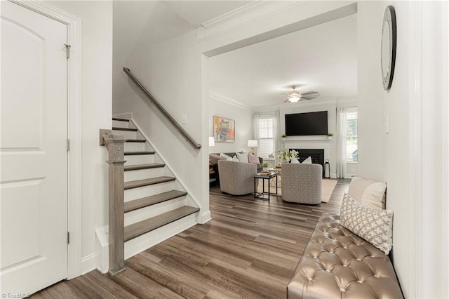 1348 Motsinger Rd, Winston-Salem, NC 27107 - living room with a fireplace, a ceiling fan, stairs, and wood finished floors