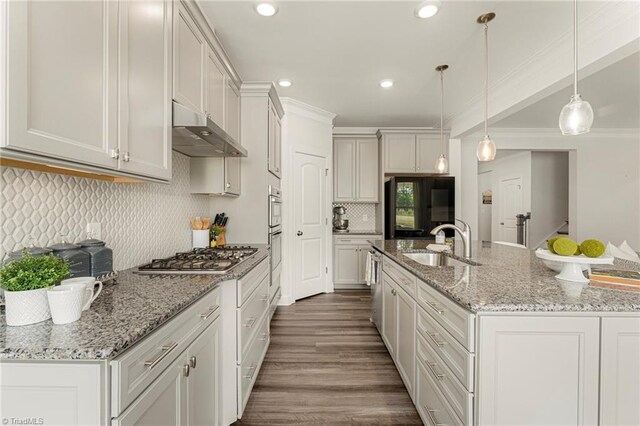 1348 Motsinger Rd, Winston-Salem, NC 27107 - kitchen featuring a sink, stainless steel appliances, crown molding, and under cabinet range hood