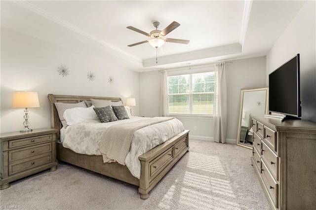 1348 Motsinger Rd, Winston-Salem, NC 27107 - bedroom with crown molding, ceiling fan, light colored carpet, baseboards, and a tray ceiling