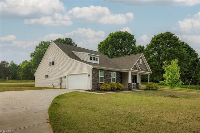 1348 Motsinger Rd, Winston-Salem, NC 27107 - view of front facade with a front yard, stone siding, roof with shingles, an attached garage, and driveway