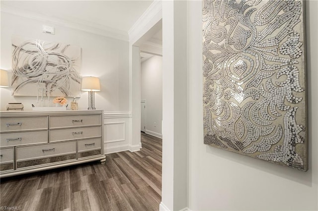 1348 Motsinger Rd, Winston-Salem, NC 27107 - hallway with baseboards, ornamental molding, and dark wood-type flooring
