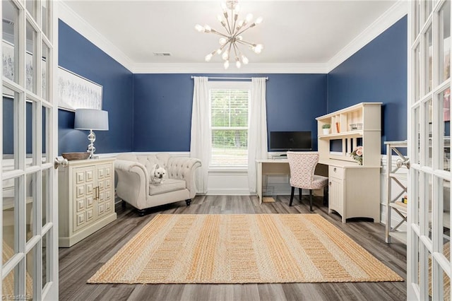 1348 Motsinger Rd, Winston-Salem, NC 27107 - interior space featuring visible vents, ornamental molding, wood finished floors, and a notable chandelier