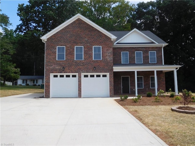 view of front of house featuring brick siding, a porch, concrete driveway, and an attached garage