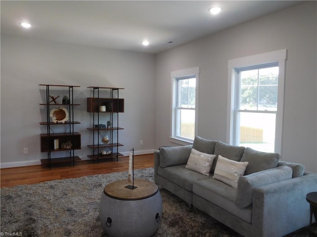 living room featuring recessed lighting, wood finished floors, baseboards, and a wealth of natural light