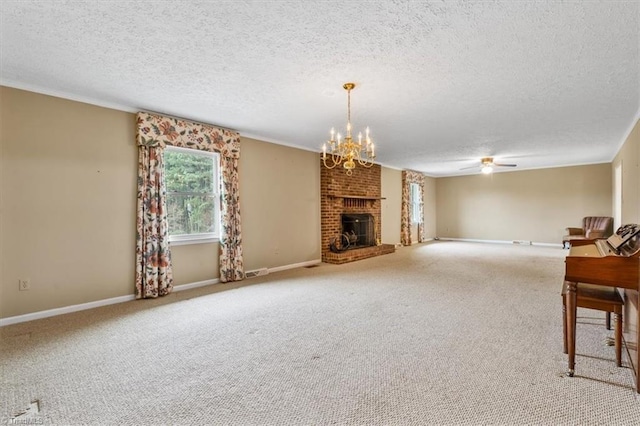 living room with carpet flooring, a fireplace, and a textured ceiling