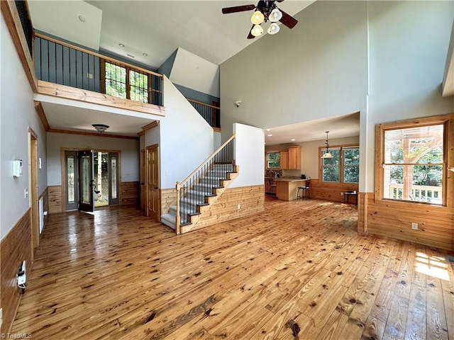 foyer entrance featuring a towering ceiling, hardwood / wood-style flooring, and plenty of natural light