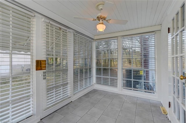 unfurnished sunroom featuring ceiling fan and wood ceiling