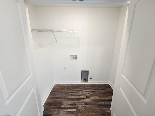 clothes washing area featuring hookup for an electric dryer, washer hookup, and dark wood-type flooring