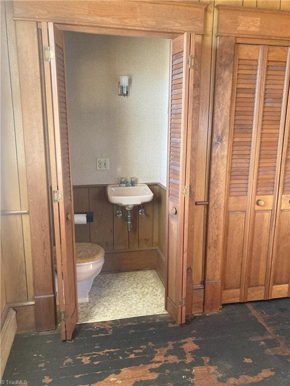 bathroom featuring toilet, sink, and wood walls