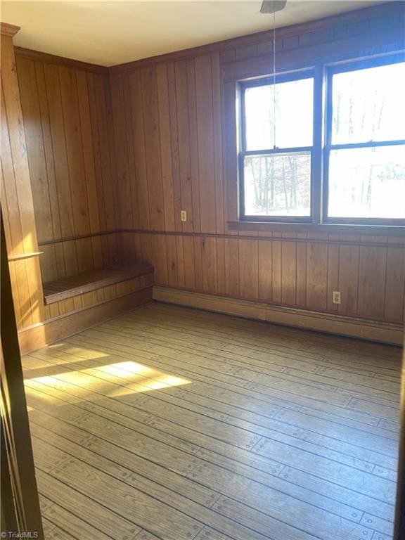 empty room with wood walls and light hardwood / wood-style flooring