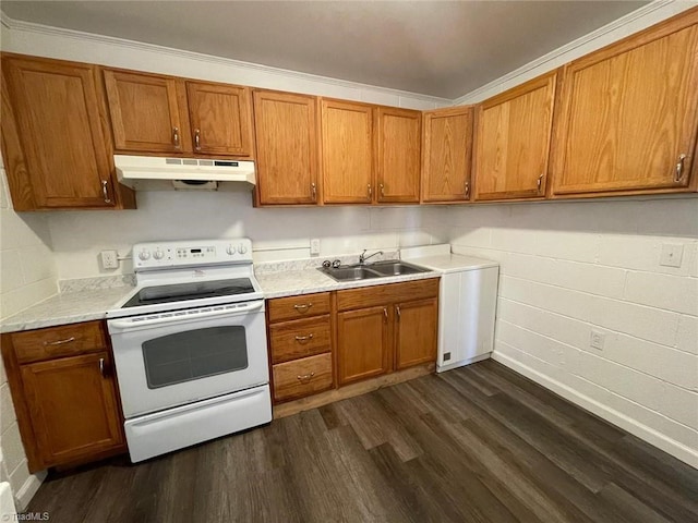 kitchen with dark wood-style floors, white electric range, light countertops, under cabinet range hood, and a sink