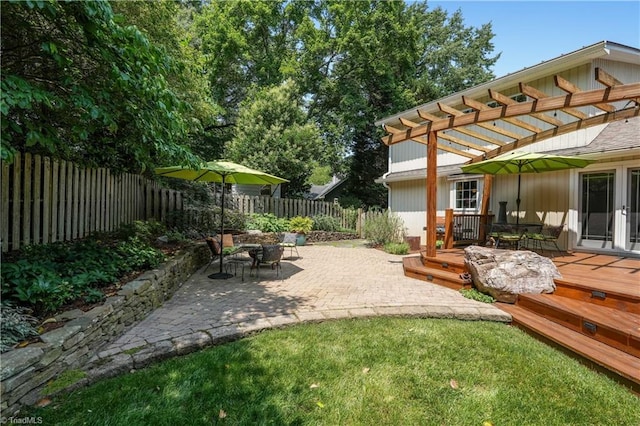 7 Pineburr Ct, Greensboro, NC 27455 - fenced backyard with a deck, a pergola, and a patio