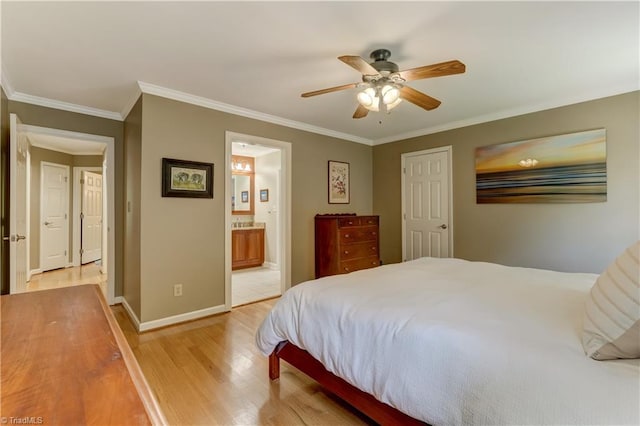 7 Pineburr Ct, Greensboro, NC 27455 - bedroom featuring light wood-style flooring, ornamental molding, baseboards, ceiling fan, and ensuite bath