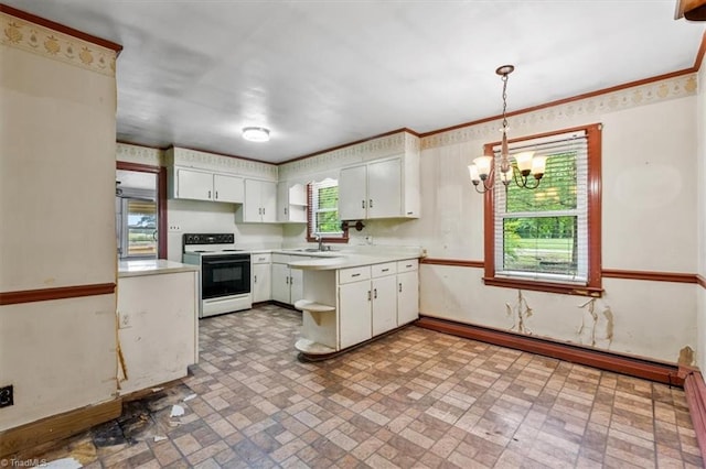 kitchen featuring electric range oven, brick patterned floors, light countertops, a chandelier, and a sink