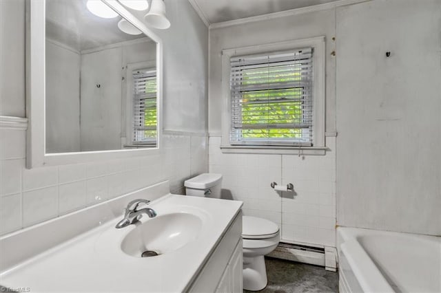 full bath featuring a baseboard heating unit, toilet, a tub, tile walls, and vanity