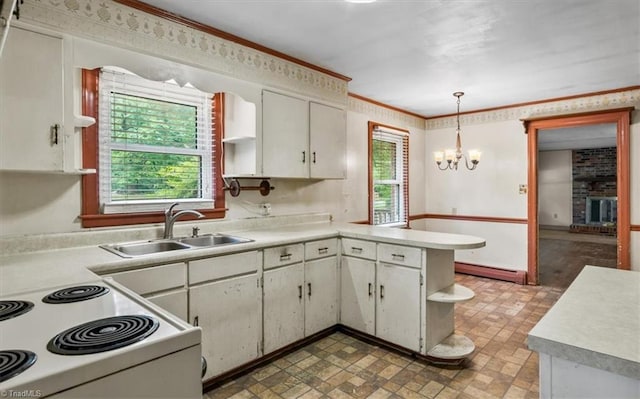 kitchen featuring white electric stove, a sink, a baseboard radiator, light countertops, and open shelves