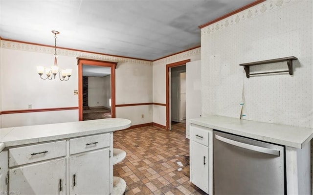 kitchen featuring dishwasher, white cabinetry, light countertops, ornamental molding, and wallpapered walls