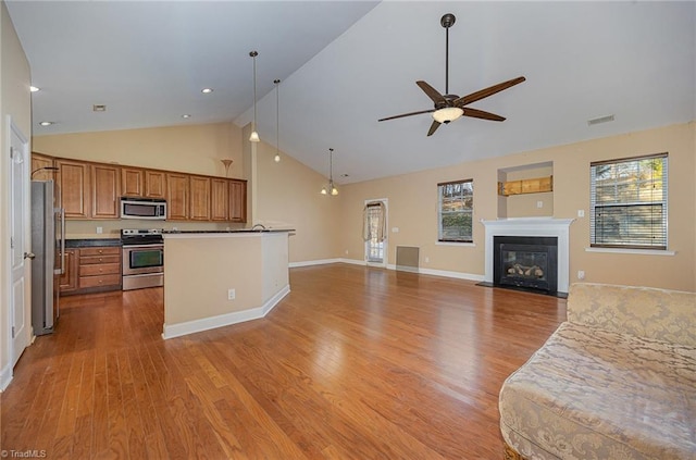 kitchen with ceiling fan, decorative light fixtures, a wealth of natural light, and stainless steel appliances