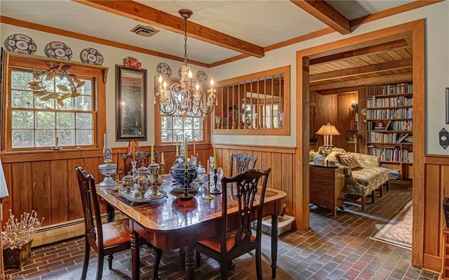 dining room with built in features, a chandelier, wood walls, and beam ceiling