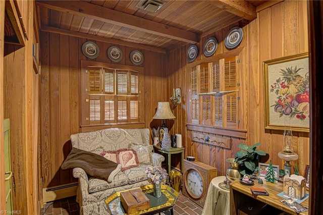 sitting room featuring wood ceiling, wooden walls, and beam ceiling