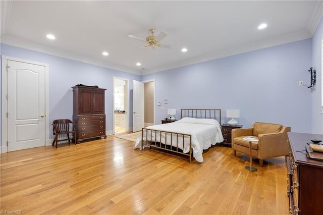 bedroom featuring ceiling fan, crown molding, and light wood-type flooring