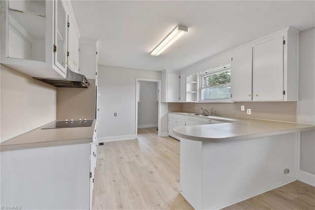 kitchen featuring white cabinets, black electric stovetop, kitchen peninsula, and sink