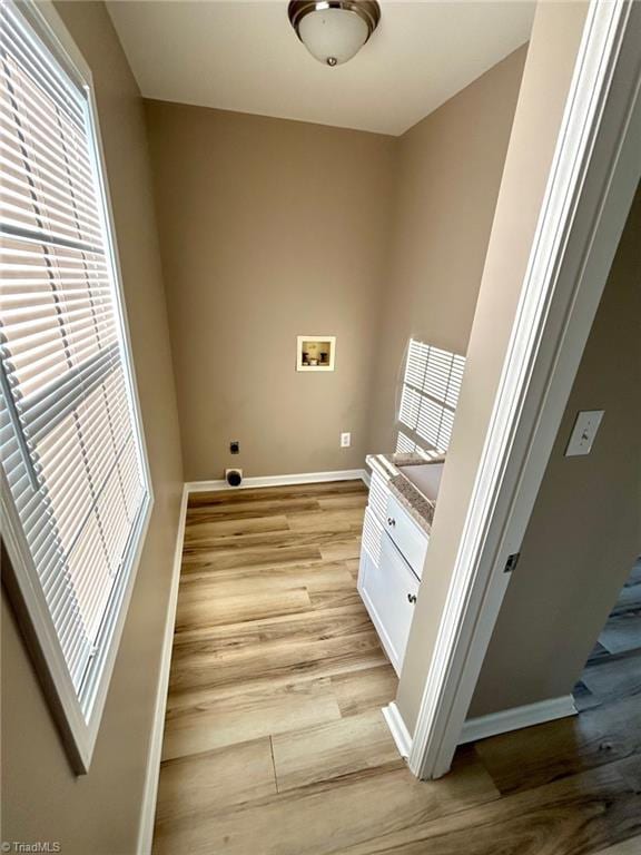 laundry room featuring hookup for a washing machine, electric dryer hookup, light wood finished floors, and plenty of natural light