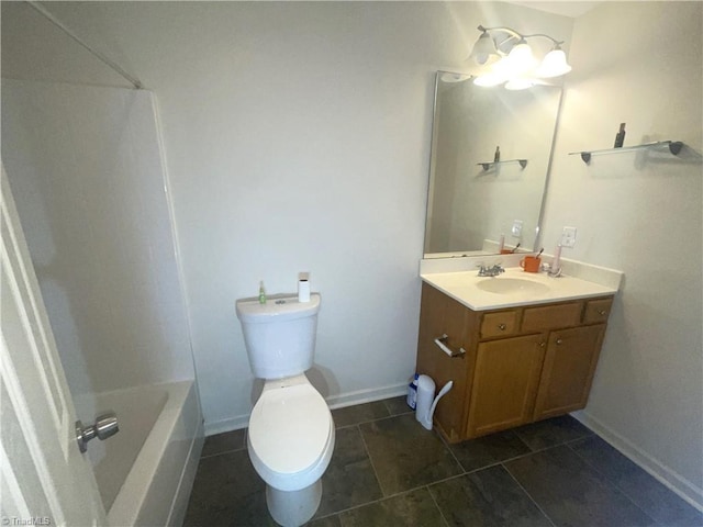 full bathroom featuring toilet, tile patterned floors, baseboards, and vanity
