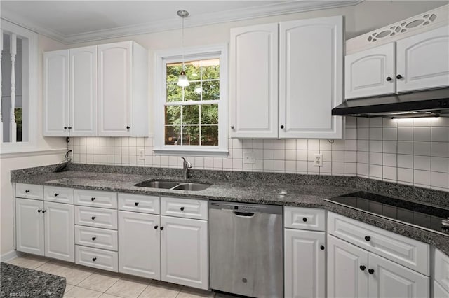 kitchen with dishwasher, white cabinets, and sink