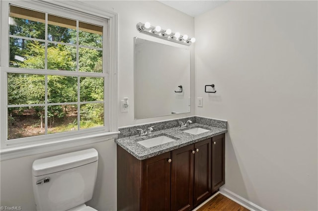 bathroom with vanity, hardwood / wood-style floors, toilet, and plenty of natural light