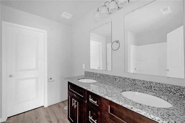 bathroom featuring hardwood / wood-style floors and vanity