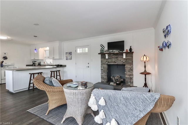 living room with dark hardwood / wood-style flooring, a stone fireplace, ornamental molding, and sink